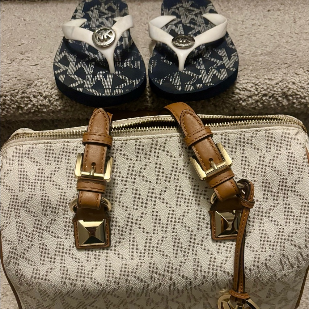 Michael Kors Cream and Brown Monogram Bag with Navy Flip Flops